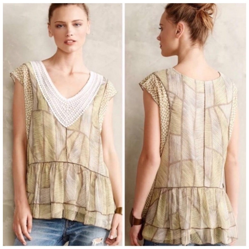 ANTHROPOLOGIE ONE SEPTEMBER Eclectic Lemon Leaf Crochet Trim Peplum Top Size S